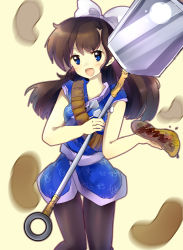 Rule 34 | 1girl, artist request, bandolier, blue eyes, blush, bow, breasts, brown hair, grin, highres, japanese clothes, kimono, kuonji ukyou, long hair, looking at viewer, open mouth, pantyhose, ranma 1/2, smile, spatula