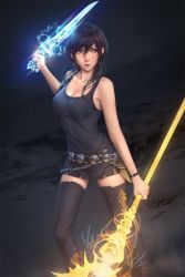 Rule 34 | 1girl, warrior of light (ff14), blue eyes, breasts, cleavage, closed mouth, earrings, final fantasy, final fantasy xiv, highres, jewelry, long hair, miura-n315, original, shorts, simple background, solo, sword, thighhighs, weapon