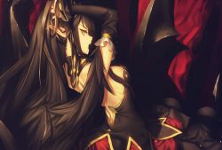 Rule 34 | 1girl, adjusting hair, back, black hair, detached sleeves, dress, fate/grand order, fate (series), highres, kawanakajima, long hair, looking back, open mouth, pointy ears, semiramis (fate), slit pupils, solo, yellow eyes