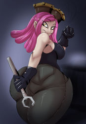 Rule 34 | 1girl, ass, bare shoulders, boku no hero academia, breasts, curvy, gloves, goggles, goggles on head, hatsume mei, highres, holding, holding wrench, huge ass, kerodash, large breasts, long hair, looking back, pants, pink hair, sleeveless, smile, solo, tank top, thick thighs, thighs, wide hips, wrench, yellow eyes