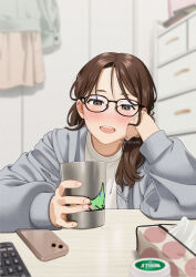 Rule 34 | 1girl, :d, black-framed eyewear, blurry, blurry background, blush, brown eyes, brown hair, cellphone, cup, depth of field, glasses, grey jacket, holding, holding cup, hood, hood down, hooded jacket, indoors, jacket, looking at viewer, mattaku mousuke, mug, open clothes, open jacket, open mouth, original, parted bangs, phone, short eyebrows, smile, solo, teeth, thick eyebrows, tissue box, twitter username, upper body, upper teeth only