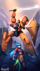Rule 34 | 00kaiser, 1girl, absurdres, artist name, blue eyes, blue hair, flame (panzer paladin), highres, holding, holding shield, holding sword, holding weapon, holding whip, huge filesize, looking at viewer, mecha, open mouth, paladin (panzer paladin), panzer paladin, robot, shield, sword, weapon