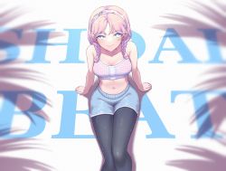 Rule 34 | 1girl, arknights, arm support, text background, bare shoulders, black pantyhose, blue eyes, blue poison (arknights), blue poison (shoal beat) (arknights), blue shorts, braid, breasts, bright pupils, closed mouth, collarbone, curled fingers, english text, feet out of frame, foreshortening, hairband, hands on floor, highres, leggings, pantyhose under shorts, looking at viewer, looking up, medium breasts, medium hair, midriff, navel, official alternate costume, outstretched legs, pantyhose, parted bangs, pink hair, pink sports bra, shadow, sher (imnotsher), shorts, sitting, smile, spaghetti strap, sports bra, twin braids, white background, white headwear, white sports bra