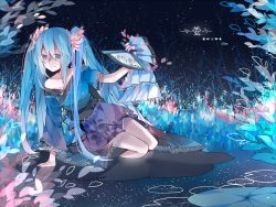 Rule 34 | 1girl, aqua eyes, aqua hair, arm support, bad id, bad pixiv id, hand fan, female focus, hatsune miku, japanese clothes, long hair, nature, night, outdoors, plant, sitting, sky, smile, solo, tang elen, twintails, very long hair, vocaloid