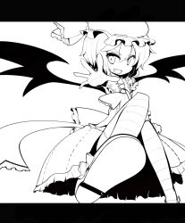 Rule 34 | 1girl, bad id, bad pixiv id, bat wings, bow, dress, fang, female focus, hat, hat ribbon, highres, katsudansou, letterboxed, lineart, monochrome, open mouth, outstretched hand, remilia scarlet, ribbon, short hair, simple background, smile, solo, striped clothes, striped thighhighs, thighhighs, touhou, wings, zettai ryouiki