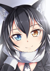 Rule 34 | 10s, 1girl, animal ears, black hair, blue eyes, commentary, fur collar, gloves, grey wolf (kemono friends), hair between eyes, head rest, head tilt, heterochromia, highres, kemono friends, long hair, long sleeves, looking at viewer, multicolored hair, necktie, portrait, smile, solo, two-tone hair, white gloves, white hair, wolf ears, yasume yukito, yellow eyes