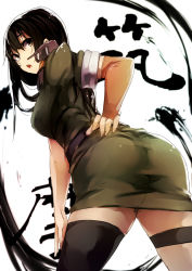 Rule 34 | 10s, 1girl, :o, ass, black hair, black thighhighs, brown eyes, chestnut mouth, chikuma (kancolle), from behind, genyaky, hand on own ass, highres, kantai collection, leaning forward, long hair, looking back, single thighhigh, solo, thigh strap, thighhighs, uniform