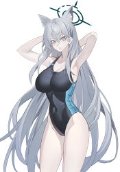 Rule 34 | 1girl, absurdres, animal ears, aqua eyes, arms behind head, black one-piece swimsuit, blue archive, blue one-piece swimsuit, breasts, cleavage, collarbone, competition swimsuit, covered navel, echj, grey hair, halo, highleg, highleg swimsuit, highres, large breasts, long hair, looking at viewer, mechanical halo, official alternate costume, one-piece swimsuit, shiroko (blue archive), shiroko terror (blue archive), solo, swimsuit, thighs, two-tone one-piece swimsuit, upper body, very long hair