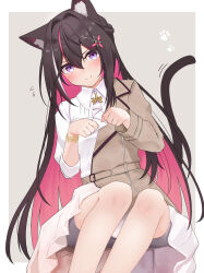 Rule 34 | 1girl, absurdres, animal ears, azki (4th costume) (hololive), azki (hololive), black hair, blazer, blush, bracelet, cat ears, cat girl, cat tail, collared shirt, colored inner hair, dress, hair between eyes, hair ornament, hairclip, highres, hololive, jacket, jewelry, micon, multicolored hair, paw pose, pink hair, purple eyes, shirt, sitting, smile, solo, streaked hair, tail, virtual youtuber, white hair