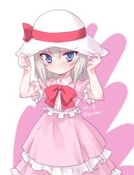 Rule 34 | 1girl, adjusting clothes, adjusting headwear, aged down, blue eyes, blush, bow, bowtie, closed mouth, collared dress, commentary request, dated, dress, frilled dress, frills, frown, girls und panzer, hat, hat bow, hat ribbon, hat tug, highres, itsumi erika, kuzuryuu kennosuke, layered dress, long dress, long hair, looking at viewer, one-hour drawing challenge, partial commentary, pink dress, red bow, red bowtie, ribbon, short sleeves, silver hair, solo, standing, sun hat, twitter username, white background, white hat