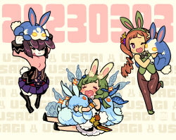 Rule 34 | 3girls, ;d, animal, animal ear fluff, animal ears, animal hug, animal on head, blush, brown hair, bunny (sekaiju s), closed eyes, commentary, dated, etrian odyssey, furry, furry female, green hair, heart, heart-shaped mouth, heart in mouth, highres, himukai yuuji, jenetta, mononofu (sekaiju), mononofu 4 (sekaiju), monster, multiple girls, on head, one eye closed, open mouth, purple eyes, rabbit, rabbit day, rabbit ears, rabbit girl, romaji text, sekaiju no meikyuu, sekaiju no meikyuu 4, sekaiju no meikyuu s, sitting, smile, standing, symbol-only commentary