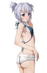 Rule 34 | 1girl, alternate hairstyle, aono meri, ass, back, bad id, bad twitter id, bare arms, bare shoulders, bikini, bikini top only, blue eyes, blush, bow, braid, breasts, from behind, from side, hair bow, hair ornament, highres, izayoi sakuya, looking at viewer, looking back, looking to the side, open mouth, ponytail, short hair, short ponytail, shorts, sideboob, silver hair, simple background, solo, sweat, swimsuit, touhou, twin braids, white background
