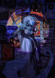 Rule 34 | 1boy, arknights, bracelet, brick wall, chameleon tail, ethan (arknights), flashback, glasses, headphones, headphones around neck, highres, hitokoto, jewelry, looking at viewer, pants, poster (object), shirt, solo, tail, tongue, tongue out, white hair