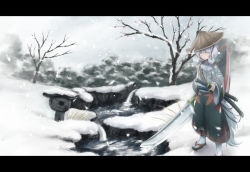 Rule 34 | 1girl, bad id, bad pixiv id, conical hat, female focus, grass, hat, inubashiri momiji, letterboxed, sasaj, shield, short hair, snow, solo, standing, sword, tail, touhou, traditional clothes, tree, water, weapon, white hair, wolf tail