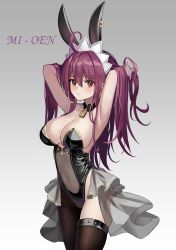 Rule 34 | 1girl, absurdres, ahoge, animal ears, armpits, arms behind head, arms up, bare shoulders, black choker, black leotard, breasts, brown thighhighs, choker, cleavage, closed mouth, commission, covered navel, cowboy shot, fake animal ears, gradient background, hands in hair, headdress, highres, large breasts, leotard, lock, long hair, looking at viewer, mole, mole on breast, original, padlock, playboy bunny, prothy, purple hair, rabbit ears, red eyes, see-through, single leg pantyhose, single thighhigh, solo, standing, strapless, strapless leotard, thighhighs, thighs