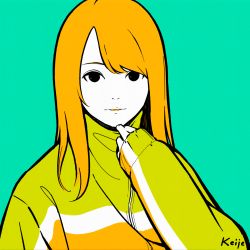 Rule 34 | 1girl, aqua background, black eyes, face, flat color, hand up, highres, jacket, long hair, looking at viewer, miyoshi yoshimi, orange hair, original, parted lips, signature, simple background, sleeves past wrists, solo