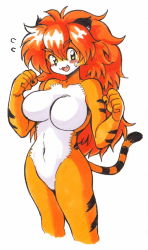Rule 34 | 1girl, blush, breasts, cowboy shot, cropped legs, fang, furry, furry female, green eyes, large breasts, long hair, looking at viewer, navel, nude, open mouth, orange hair, original, oyatsu (mk2), red hair, simple background, solo, tiger, white background