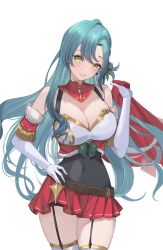 Rule 34 | 1girl, absurdres, adapted costume, alternate color, aqua hair, armor, bare shoulders, braid, breastplate, breasts, chloe (fire emblem), covered navel, cowboy shot, elbow gloves, fire emblem, fire emblem engage, fur trim, garter straps, gloves, green eyes, grin, highres, large breasts, long hair, looking at viewer, miniskirt, nintendo, pegasus knight uniform (fire emblem), red skirt, ritence, side braid, simple background, skin tight, skirt, smile, solo, very long hair, white background, white gloves