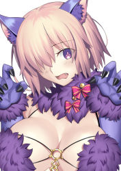 Rule 34 | 1girl, animal ears, bare shoulders, blush, bow, breasts, claw pose, cleavage, elbow gloves, fang, fate/grand order, fate (series), fur-trimmed gloves, fur collar, fur trim, gloves, hair over one eye, halloween costume, highres, large breasts, light purple hair, looking at viewer, mash kyrielight, mash kyrielight (dangerous beast), mishiro (ixtlolton), o-ring, official alternate costume, open mouth, pink bow, purple eyes, purple gloves, revealing clothes, short hair, simple background, wavy mouth, white background, wolf ears