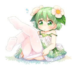 Rule 34 | 1girl, :o, blush, clothes pull, dress, eyebrows, flower, flying sweatdrops, green eyes, green hair, hair flower, hair ornament, kinoko-san, kito (sorahate), looking at viewer, matching hair/eyes, no shoes, original, pantyhose, pantyhose pull, parted lips, short hair, simple background, solo, thick eyebrows, undressing, wet, wet clothes, wet pantyhose, white background, white pantyhose
