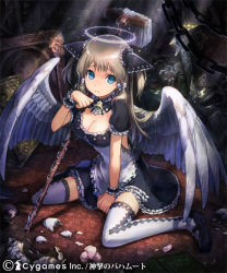 Rule 34 | 10s, 1girl, angel wings, bad id, bad pixiv id, bell, blue eyes, book, bow, breasts, brown hair, celetta (shingeki no bahamut), chain, cleavage, copyright name, copyright notice, frown, hair bow, halo, maid, mary janes, matsushita mino, mop, official art, petals, shingeki no bahamut, shoes, sitting, solo, thighhighs, two side up, wariza, wings, zettai ryouiki