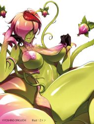 Rule 34 | 1girl, alraune, breasts, character request, colored skin, commentary request, completely nude, cover, cover page, green skin, hair over one eye, large breasts, looking at viewer, monster girl, monster musume no oisha-san, navel, novel cover, novel illustration, nude, official art, plant, plant girl, simple background, sitting, smile, solo, tongue, tongue out, underboob, vines, white background, z-ton
