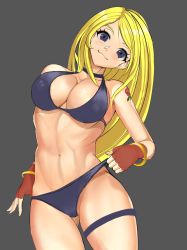 Rule 34 | 1girl, bikini, bikini pull, blonde hair, breasts, cleavage, clothes pull, fatal fury, fingerless gloves, garou: mark of the wolves, gloves, highres, jenet behrn, large breasts, long hair, looking at viewer, navel, purple bikini, purple eyes, smile, snk, solo, swimsuit, tattoo, the king of fighters, thighhighs, thighs, toned