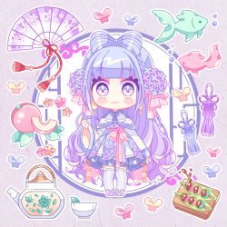 Rule 34 | 1girl, :3, animal, bad id, bad pixiv id, blue dress, blue eyes, blue flower, blue hair, blush stickers, bubble, bug, butterfly, chibi, closed mouth, cup, dango, dress, fish, floral print, flower, food, fruit, gradient hair, hair flower, hair ornament, ie (nyj1815), insect, long hair, long sleeves, multicolored hair, original, pinching sleeves, print dress, purple eyes, purple flower, purple hair, sleeves past wrists, solo, standing, tassel, teacup, teapot, very long hair, wagashi, wide sleeves