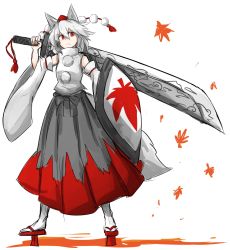 Rule 34 | &gt;:(, 1girl, animal ears, bad id, bad twitter id, black skirt, detached sleeves, frown, full body, geta, hair between eyes, hat, highres, holding, holding weapon, inubashiri momiji, kankan33333, leaf, looking at viewer, maple leaf, over shoulder, pom pom (clothes), red eyes, shield, simple background, skirt, solo, sword, tail, tengu-geta, tokin hat, touhou, turtleneck, v-shaped eyebrows, weapon, weapon over shoulder, white background, white hair, white legwear, wide sleeves, wolf ears, wolf tail