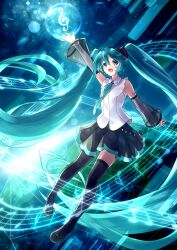 Rule 34 | 1girl, absurdly long hair, absurdres, arm up, blue eyes, blue hair, boots, collared shirt, detached sleeves, floating, floating hair, full body, hair ornament, hatsune miku, hatsune miku (nt), headphones, highres, layered sleeves, long hair, long sleeves, marian oekaki, musical note, neck ribbon, open mouth, piapro, pleated skirt, ribbon, see-through, see-through sleeves, shirt, skirt, sleeveless, sleeveless shirt, solo, staff (music), thigh boots, treble clef, twintails, very long hair, vocaloid
