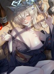 Rule 34 | 1girl, absurdres, animal ear fluff, animal ears, beer can, black kimono, blonde hair, blue archive, blue eyes, blue halo, breasts, can, collarbone, dog ears, drink can, hair intakes, hair over one eye, halo, highres, japanese clothes, kanna (blue archive), kimono, large breasts, looking at viewer, lying, nompang, on back, open clothes, open kimono, ponytail, sharp teeth, solo, teeth