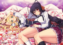 Rule 34 | 2girls, asia argento, ass, black corset, black hair, black ribbon, black socks, blonde hair, breasts, collared shirt, commentary, corset, elbow rest, english commentary, green eyes, hair ribbon, hand on another&#039;s thigh, head rest, high school dxd, himejima akeno, kneehighs, kuoh academy school uniform, large breasts, light blush, long hair, long sleeves, looking at viewer, lying, multiple girls, nail polish, neck ribbon, on bed, on side, orange ribbon, parted lips, patreon username, petals, pleated skirt, ponytail, purple eyes, purple nails, purple skirt, ribbon, rose petals, school uniform, shiny skin, shirt, short sleeves, skirt, small breasts, smile, socks, very long hair, virus-g, white shirt, white socks