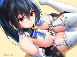 Rule 34 | 1girl, bare shoulders, black hair, blurry, breasts, cleavage, depth of field, detached collar, downblouse, highres, large breasts, neptune (series), noire (neptunia), oekakizuki, red eyes, sitting, smile, solo, thighhighs, wariza, white thighhighs