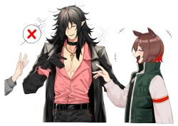 Rule 34 | +++, 1boy, 1girl, animal ears, arknights, belt, black coat, black gloves, black hair, blush, catapult (arknights), chain, coat, ear piercing, gloves, hair over one eye, horse ears, horse girl, infection monitor (arknights), jacket, jewelry, long hair, long sleeves, midnight (arknights), multicolored hair, necklace, parted lips, pectoral cleavage, pectorals, piercing, pink hair, pink shirt, pointy ears, shirt, short hair, simple background, sparkle, streaked hair, suika aji, upper body, white background, x