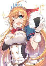 Rule 34 | 1girl, ;d, blue eyes, breasts, cleavage, food, food on face, frilled skirt, frills, gloves, hair ribbon, hands up, highres, holding, holding food, large breasts, long hair, looking at viewer, one eye closed, onigiri, open mouth, orange hair, pecorine (princess connect!), princess connect!, princess connect!, puffy short sleeves, puffy sleeves, red ribbon, ribbon, short sleeves, simple background, skirt, smile, solo, sparkle, tiara, tomato (kiiroitomato33), white background, white gloves, white skirt