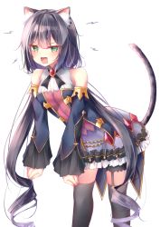 Rule 34 | 1girl, angry, animal ear fluff, animal ears, bad id, bad pixiv id, bare shoulders, beliatan, black hair, black thighhighs, blush, breasts, cat ears, cat girl, cat tail, commentary request, detached sleeves, dress, fangs, green eyes, highres, karyl (princess connect!), long hair, looking at viewer, low twintails, multicolored hair, open mouth, princess connect!, simple background, sleeveless, sleeveless dress, solo, streaked hair, tail, thighhighs, twintails, very long hair, white background, white hair