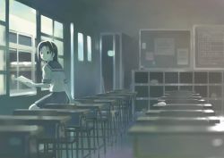 Rule 34 | classroom, desk, highres, indoors, reading, school, school desk, school uniform, serafuku, solo, window, yoshizuki kumichi