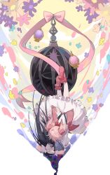 Rule 34 | 2girls, absurdres, akemi homura, black hair, bow, bubble skirt, catching, chinese commentary, commentary request, dress, facing away, falling, floating, floating object, flower, footwear bow, frilled skirt, frills, from behind, full body, gloves, hair bow, highres, hug, kaname madoka, lan lan sang, long hair, long sleeves, magical girl, mahou shoujo madoka magica, mahou shoujo madoka magica (anime), multiple girls, pink bow, pink dress, pink footwear, pink hair, puffy short sleeves, puffy sleeves, shoes, short hair, short sleeves, short twintails, skirt, soul gem, twintails, upside-down, white background, white gloves, white skirt