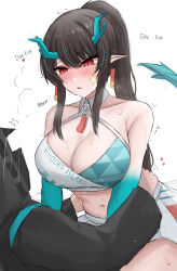 Rule 34 | 1boy, 1girl, alternate costume, alternate hairstyle, arknights, assertive female, bare shoulders, black hair, blue archive, blue hair, blush, breasts, character name, cheerleader, cleavage, collared shirt, cosplay, crop top, dragon girl, dragon horns, dragon tail, dusk (arknights), english text, facing viewer, girl on top, hair over one eye, hands on another&#039;s hips, hands on another&#039;s stomach, hetero, highres, horns, large breasts, looking at another, midriff, millennium cheerleader outfit (blue archive), miniskirt, multicolored hair, namikare, navel, pleated skirt, ponytail, red eyes, shirt, skirt, sleeveless, sleeveless shirt, slit pupils, solo focus, star sticker, sticker on face, streaked hair, tail, two-tone hair, v arms, white shirt