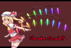 Rule 34 | 1girl, :d, ascot, blonde hair, blood, blood splatter, blush, character name, collared shirt, fang, flandre scarlet, hat, highres, letterboxed, looking at viewer, miniskirt, mob cap, mono (mono60), open mouth, red eyes, shirt, side ponytail, skirt, smile, solo, striped clothes, striped thighhighs, thighhighs, touhou, vest, wings, wrist cuffs