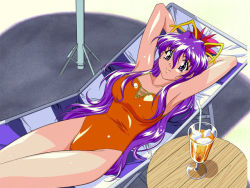 Rule 34 | 1990s (style), 1girl, armpits, arms up, artist request, breasts, dancing blade, drink, drinking straw, glass, ice, jpeg artifacts, long hair, looking at viewer, lying, momohime (dancing blade), on back, one-piece swimsuit, orange one-piece swimsuit, purple eyes, purple hair, scan, smile, solo, swimsuit, table, takemoto yasuhiro