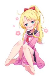 Rule 34 | 1girl, :d, barefoot, black sailor collar, black skirt, blonde hair, blue eyes, blush, bow, floral background, full body, hair bow, head tilt, high ponytail, highres, himesaka noa, jacket, knees up, long hair, long sleeves, looking at viewer, neckerchief, open clothes, open jacket, open mouth, parted bangs, pink jacket, pleated skirt, ponytail, red bow, red neckerchief, sailor collar, school uniform, serafuku, setmen, shirt, simple background, sitting, skirt, sleeves past fingers, sleeves past wrists, smile, soles, solo, thick eyebrows, watashi ni tenshi ga maiorita!, white background, white shirt