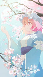 Rule 34 | 1girl, absurdres, blue kimono, branch, cherry blossoms, closed mouth, commentary, falling petals, flower, frilled kimono, frills, hat, highres, japanese clothes, kimono, long sleeves, mob cap, obi, palulap, petals, pink eyes, pink flower, pink hair, pink petals, saigyouji yuyuko, sash, short hair, sleeve garter, smile, solo, touhou, tree, triangular headpiece, wide sleeves