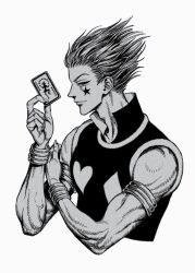 Rule 34 | 1boy, armband, bare shoulders, card, facepaint, facial mark, h tattooer, hair slicked back, highres, hisoka morow, holding, holding card, hunter x hunter, joker (playing card), looking at viewer, male focus, monochrome, muscular, muscular male, playing card, profile, short hair, simple background, sleeveless, smile, solo, star (symbol), star facial mark, teardrop facial mark, teardrop tattoo, upper body, veins, white background, wristband