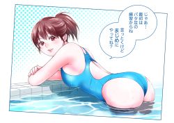 Rule 34 | 1girl, ass, blue one-piece swimsuit, brown hair, commentary request, competition swimsuit, highres, long hair, looking at viewer, lying, macosee, on stomach, one-piece swimsuit, original, ponytail, pool, poolside, red eyes, soaking feet, solo, swimsuit, water