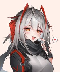 Rule 34 | 1girl, :d, antenna hair, arknights, black gloves, black scarf, blush, breasts, demon horns, eyeshadow, fang, fingerless gloves, gloves, grey shirt, hand up, heart, highres, horns, kaguura (kagu), large breasts, looking at viewer, makeup, nail polish, open mouth, red eyes, red hair, red nails, scarf, shirt, short hair, silver hair, simple background, smile, solo, speech bubble, spoken heart, upper body, w (arknights), yellow background