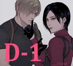 Rule 34 | 1boy, 1girl, ada wong, artist name, black gloves, black hair, black shirt, breasts, brown hair, curtained hair, dress, eyeshadow, finger to another&#039;s mouth, gloves, hair behind ear, half gloves, hetero, holster, knife sheath, knife sheath, leon s. kennedy, lipstick, makeup, mascara, medium breasts, muscular, muscular male, red dress, red lips, resident evil, resident evil 4, resident evil 4 (remake), sardine (kjr0313), sheath, shirt, short hair, shoulder holster, t-shirt, turtleneck dress