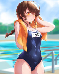 Rule 34 | 1girl, alternate costume, arthur ko, blue sky, blue one-piece swimsuit, braid, breasts, brown hair, competition school swimsuit, covered navel, cowboy shot, day, highres, kantai collection, long hair, name tag, one-piece swimsuit, orange eyes, orange towel, outdoors, pool, poolside, school swimsuit, single braid, sky, small breasts, solo, souya (kancolle), standing, swimsuit