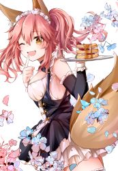 Rule 34 | 1girl, absurdres, alternate costume, animal ear fluff, animal ears, apron, black dress, breasts, commentary, commentary request, dress, enmaided, fangs, fate/extella, fate/extra, fate/grand order, fate (series), flower, food, fox ears, fox girl, fox tail, frills, highres, large breasts, looking at viewer, maid, maid apron, maid headdress, official alternate costume, one eye closed, open mouth, pancake, petals, pink hair, puffy sleeves, simple background, skin fangs, solo, tail, tamamo (fate), tamamo no mae (fate/extra), tamamo no mae (tailmaid strike) (fate), waist apron, watanai72, white background, yellow eyes