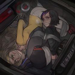 Rule 34 | 2girls, arms behind back, bdsm, big hero 6, black hair, blonde hair, blush, bondage, bound, breasts, car trunk, cloth gag, disney, drooling, dutch angle, eyebrows, feason, female focus, from above, full body, gag, gagged, gogo tomago, heavy breathing, highres, honey lemon, improvised gag, in trunk, kidnapped, legs together, license plate, long hair, looking at viewer, lying, multiple girls, on side, pov, restrained, rope, sexually suggestive, short hair, small breasts, steam, sweat, thighs